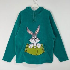 Vintage Warner Bros Bugs Bunny Teal Fleece Hoodie NWT Ladies Large Looney Tunes